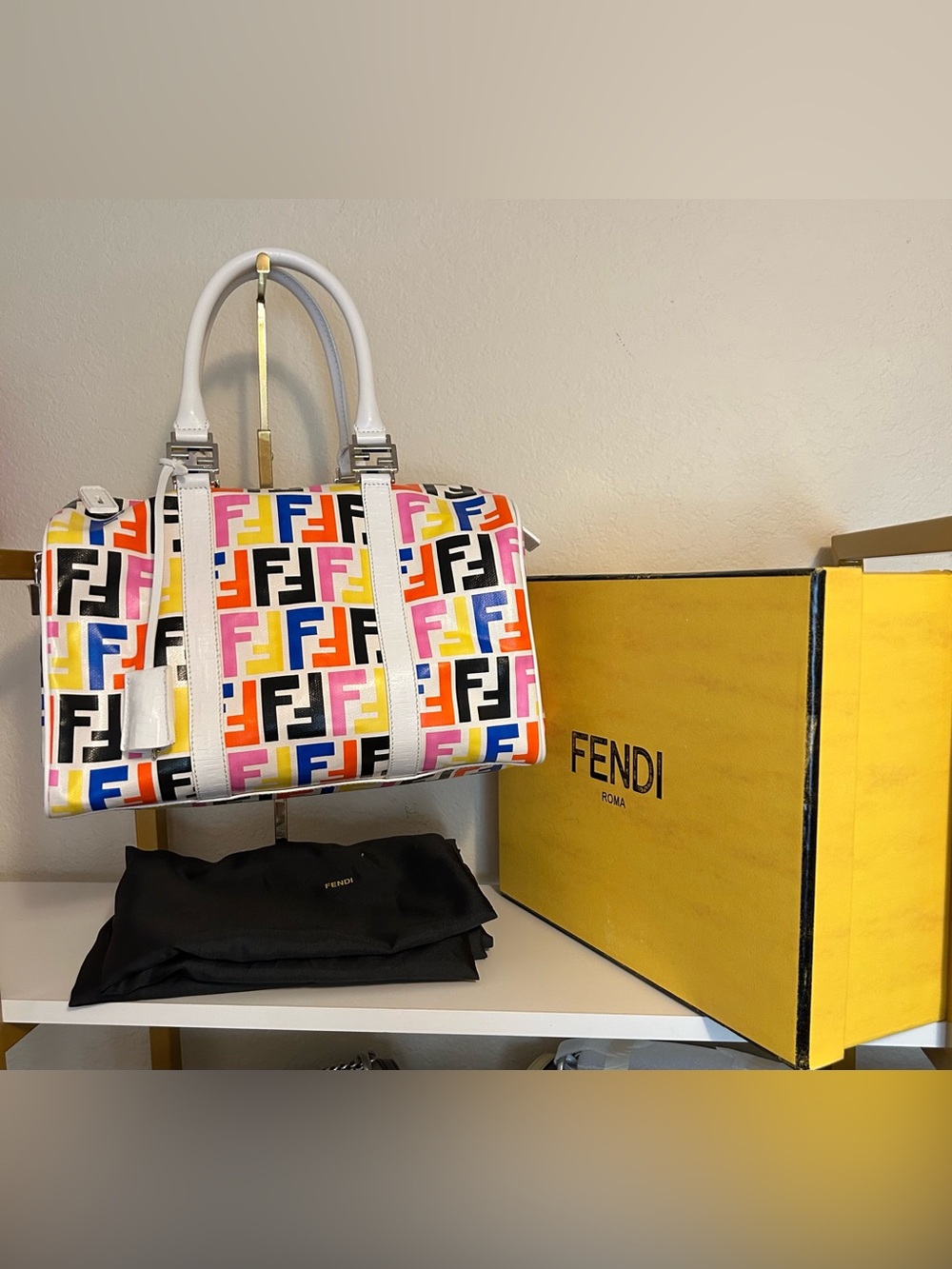Fendi Multicolor FF Logo Satchel with White Trim